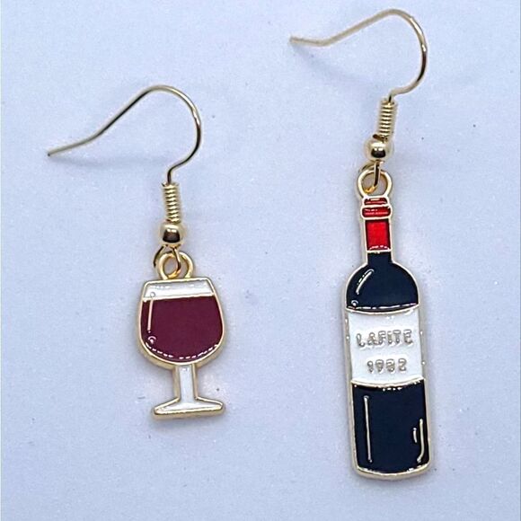 Earrings Mismatched Red Wine Connoisseur Bottle & Glass Dangle Drop Jewelry New - Picture 8 of 9